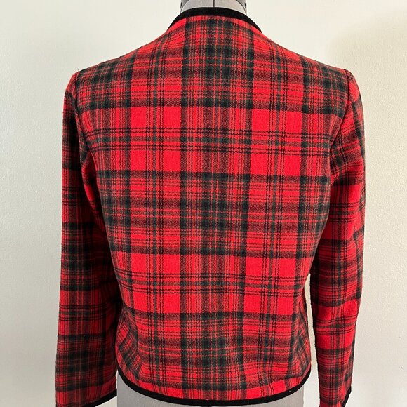 VTG Century of Boston Sz M Tartan Plaid Velvet Trim Open Front Jacket - Picture 4 of 10